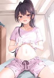 suou yuki, tokidoki bosotto roshia-go de dereru tonari no alya-san,  highres, novel illustration, official art, 1girl, blush, breasts, brown  hair, clothes lift, fa6ikyl, half-closed eyes, lifting own clothes, long  hair, looking at