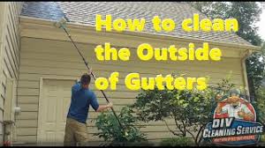 If you have vinyl instead of aluminum gutters, grab some dawn liquid detergent and combine it with half a cup of household bleach. Gutter Brightening How To Clean The Outside Of Gutters From The Ground Youtube
