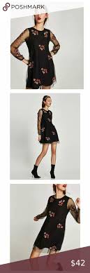 Nwt Zara Black Embroidered Boho Dress Large Zara Black Dress With Red Embroidered Flowers And Sheer Sleeves Embroidered Dress Boho Boho Dress Zara Black Dress