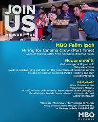 Untuk dapat informasi kerja paruh waktu atau part time untuk mahasiswa sebagai web developer, kamu bisa dapatkan secara online ataupun langsung. Mbo Cinemas We Re Hiring At Mbo Cinemas Falim Ipoh Join Facebook