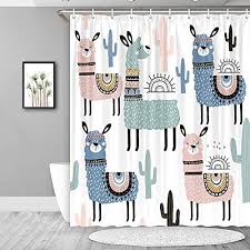These will compliment your alpaca llama themed birthday party or baby shower decorations and supplies. Amazon Com Jawo Cute Llama Decor Kids Shower Curtain Colorful Cartoon Animal And Alpaca Cactus Tro Kids Shower Curtain Llama Decor Fabric Shower Curtains