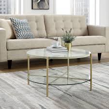 Our round tempered glass tables are tempered glass table tops are more heat and scratch resistant than standard annealed glass. Walker Edison Furniture Co Glass Shelf Gold Legs Round Coffee Table With White Marble Top Af32srdctmgd Bellacor
