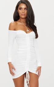 White Ribbed Long Sleeve Ruched Bodycon Dress Tight Dresses Bodycon Dress Fashion