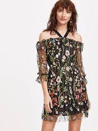 A softly sweeping layered soft net skirt enhances Shop Black Cold Shoulder Flower Embroidered Mesh Dress Online Shein Offers Black Col Flower Embroidered Mesh Dress Boho Summer Dresses Sheer Embroidered Dress