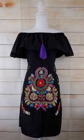 Womens Medium Black Mexican Peasant Dress Embroidered Off The Shoulder Wedding Mexican Dresses Mexican Embroidered Dress Traditional Mexican Dress