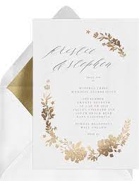 Golden Floral Wreath Invitations In White Greenvelope Com Digital Wedding Invitations Foil Pressed Wedding Invitations Gold Wedding Invitations