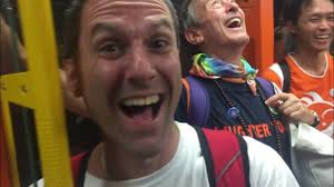 Laughter yoga in a metro in Frankfurt, Germany