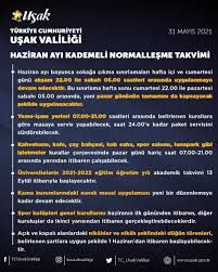 İçişleri bakanlığı'nın genelgesi şöyle olan nikah ve nikah merasimi şeklindeki düğünler ile nişan ve kına gibi etkinliklerin yapılmaması uygulaması, 1 haziran 2021 tarihine kadar devam edecektir. Usak Valiligi Icisleri Bakanligi Normallesme Genelgesini Yayinladi