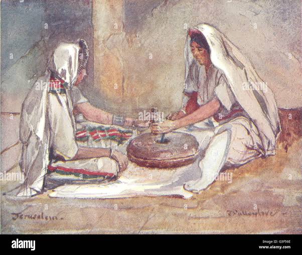 ISRAEL: Two women grinding at a hand mill, antique print 1902 Stock Photo - Alamy