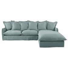 Il offre un large méridienne et un lit d'appoint pour 2 personnes. Canape D Angle Droit Convertible 6 Places En Lin Bleu Celadon Barcelone Maisons Du Monde