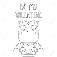 Valentine dino 4x4 coloring page. Be My Valentine Postcard With Dragon 14 February Card Festive Toothy Smiling Green Funny Dinosaur With Wings And Heart Page For Coloring Book Black And White Vector Illustration Outline Drawing Royalty Free