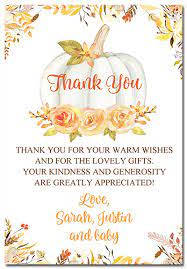 It is important to thank each individual guest by sending personalized handwritten thank you notes to your friends and loved ones who came with their wishes, blessings and gifts on the baby shower. Pumpkin Baby Shower Thank You Cards