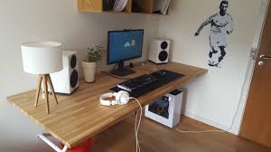 Table and bench diy desk. Homemade Desk And Wallpainting Battlestations