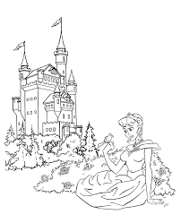 Disney princess fans will love these free coloring pages that include an illustration of a princess walking on grassland with stars, castle, clouds, and moon and a picture of snow white walking with a deer in the forest. Princess And A Castle Coloring Sheet