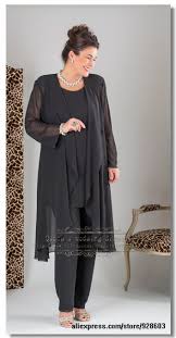 Plus Size Elegant Black Three Picec Mother Of The Bride Chiffon Pant Suits With Long Jacket 201 Bride Clothes Mother Of Bride Outfits Mother Of The Bride Suits