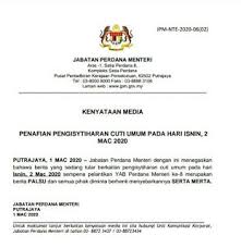 Penafian Pengisytiharan Cuti Umum Pada Hari Isnin 2 Mac 2020 In 2020 Mac