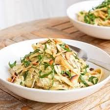 Pesto Chicken Pasta W Sliced Almonds Garlic Chips Gf Df Recipe Pesto Chicken Pasta Favorite Pasta Recipes Pesto Chicken