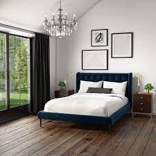 Beautiful hollywood swag look, luxurious velvet fabric, crushed diamonds accent on the bedroom set. Amara Double Bed Frame In Navy Blue Velvet With Quilted Headboard Furniture123