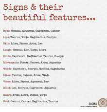 You can sort the descriptive words by uniqueness or commonness using the button according to the algorithm that drives this website, the top 5 adjectives for beautiful eyes are: Signs Their Beautiful Features Eyes Gemini Aquarius Capricorn Cancer Lips Taurus Virgo Sagittarius Scorpio Skin Libra Pisces Aries Leo Laugh Gemini Leo Virgo Libra Smile Capricorn Sagittarius Taurus Scorpio Movements Pisces