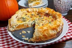 Roasted Pumpkin Quiche With Caramelized Onions Gorgonzola And Sage Recipe Pumpkin Quiche Thanksgiving Breakfast Recipe Roast Pumpkin