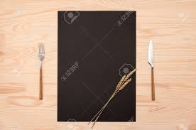Download Mockup Blank Black Card A4 A3 And Cutlery On Wooden Table Top View Black Recipe Paper