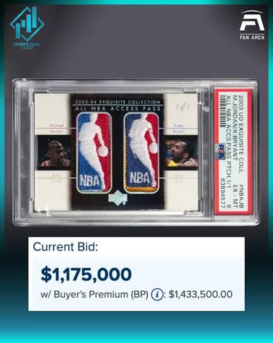 Grail Alert! This 1/1 2003 Upper Deck Exquisite Collection Dual Logoman of Kobe  Bryant and Michael Jordan is up for auction at Heritage. With 8 days left,  it's currently sitting at $1,175,000 ($