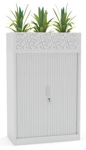 Lockable steel cabinets suitable for workshop, home garage and office storage. Agile White Metal Tambour Storage Cupboard With Planter Box Office Stock