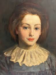 C1889 Victorian Oil Portrait Lady in Blue Dress by George Percy Jacomb-Hood 