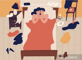 Sticker Cute romantic couple lying in bed together after sex and cuddling,  clothes scattered around. Intimate or sexual relationship of young man and  woman. Colorful vector illustration in flat cartoon style. -