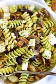 Pasta With Mushrooms Olives Feta And Pesto Green Valley Kitchen Recipe Mushroom Pasta Feta Pasta Stuffed Mushrooms