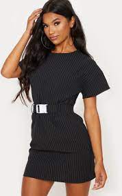 Black Pin Stripe Belt T Shirt Dress Dresses Prettylittlething Ksa