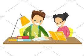 Free for commercial use high quality images Caucasian White Brother And Sister Doing Homework Do Homework Cartoon Illustration Kids Design