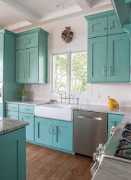 Turquoise Kitchen Cabinets With White Farmhouse Sink Sherwin Williams Co Farmhouse Style Kitchen Cabinets Turquoise Kitchen Cabinets Kitchen Cabinet Styles