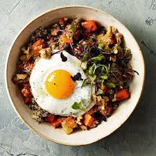 Roasted Sweet Potato Quinoa And Fried Egg Bowl Recipes Food Seafood Recipes