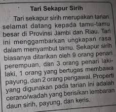 Teks ini digunakan ketika melaksanakan upacara api unggun, untuk menambah gairah dan kehikmatan dalam melaksanakan upacara api unggun. 1 Bacalah Kembali Teks Tari Sekapur Sirih Apa Gagasan Utama Dari Teks Tersebut 2 Sebutkan Brainly Co Id
