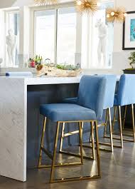Linden Brass Counter Stool In Blue Velvet Modern Kitchen Decor Kitchen Decor Modern Classic Home Decor Bar Stools Kitchen Island