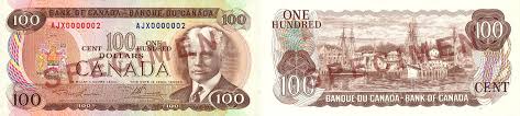 The $100 is the second most common bill in circulation, behind only 10. Coins And Canada 100 Dollars Canadian Banknotes From 1969 To 1975 Bank Of Canada Notes Price Guide And Values
