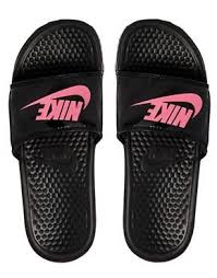 Black And White Nike Slides Womens Pink Nike Benassi Black Pink Sliders At Asos Pink Nikes Nike Slippers Nike Shoes Women