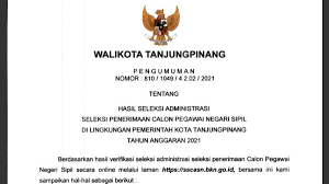 Pengumuman tentang perubahan keenam daftar peserta, waktu, dan tempat seleksi kompetensi dasar penerimaan calon pegawai negeri sipil . Pengumuman Hasil Seleksi Administrasi Cpns Pemko Tanjung Pinang Tahun 2021 Sijori Kepri Sumber Informasi