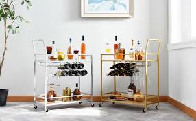 It usually occupies only one sideboard, a bar cart or a tray so you can find a place for it in any home. Amazon Com Jbbcn Bar Cart For The Home Bar Serving Cart On Wheels With Wine Rack And Glass Holder Kitchen Living Room Storage Cart Wood Metal Material Golden Finish 28 43 L X