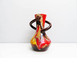 Vintage Ceramic Vase French Vallauris France Twisted Handles Drip Glaze Orange Red Brown White Mid Century Retro Vintage Ceramic Ceramic Vase Glass Art