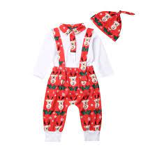 Newborn Baby Boys First Christmas Outfits Long Sleeve Reindeer Tops T Shirt Straps Pants Overalls Hat Xmas Clothing 3pcs Walmart Com