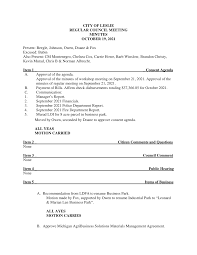 CITY OF LESLIE REGULAR COUNCIL MEETING MINUTES OCTOBER 19, 2021 Present:  Beegle, Johnson, Owen, Doane & Fox Excused: Babin A