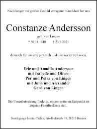 Per andersson was born on november 17, 1976 in sweden as per johan andersson. Traueranzeigen Von Constanze Andersson Trauer Gedenken