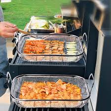 Stainless Steel Square BBQ Basket Heightened Handle Anti-scalding Grill  Basket 42.5x28x10.5