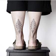 Matching Ornamental Tattoos On Both Calves Calf Tattoo Back Of Leg Tattoo Calves Leg Tattoo Calf