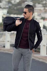 Mens Style Menswear Mens Fashion Street Style Casual Black Bomber Jacket Grey Pants White Sneakers Jackets Men Fashion Bomber Jacket Outfit Mens Fashion