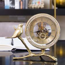 Luxury Skeleton Desk Clock Office Gold Metal Decorative Bird Modern