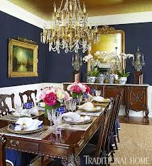 New Home In Navy And Indigo Traditional Home Haruki Sisal By Schumacher Covers The Walls Stark S Dram With Images Dining Room Blue Gold Dining Room Luxury Dining Room
