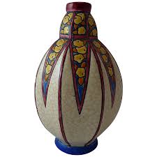 Art Deco Longwy Vase With Crackle Glaze And Stylized Flowers Pottery Art Art Deco Glass Vintage Art Deco